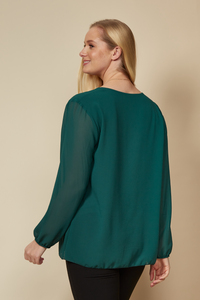 Long Sleeves Oversized Pleated Top with Tulle Details in Green