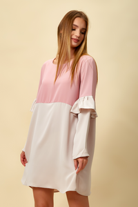 Colour Block Top with Frill Detailed on Sleeve in Beige and Pink