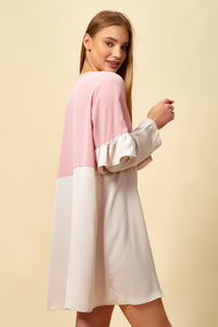 Colour Block Top with Frill Detailed on Sleeve in Beige and Pink