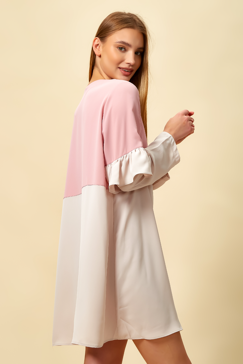 Colour Block Top with Frill Detailed on Sleeve in Beige and Pink