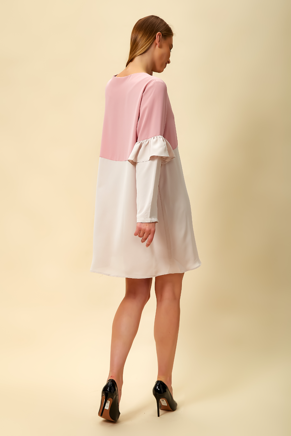 Colour Block Top with Frill Detailed on Sleeve in Beige and Pink