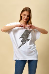Sequin Flash Top Relaxed Fit In White