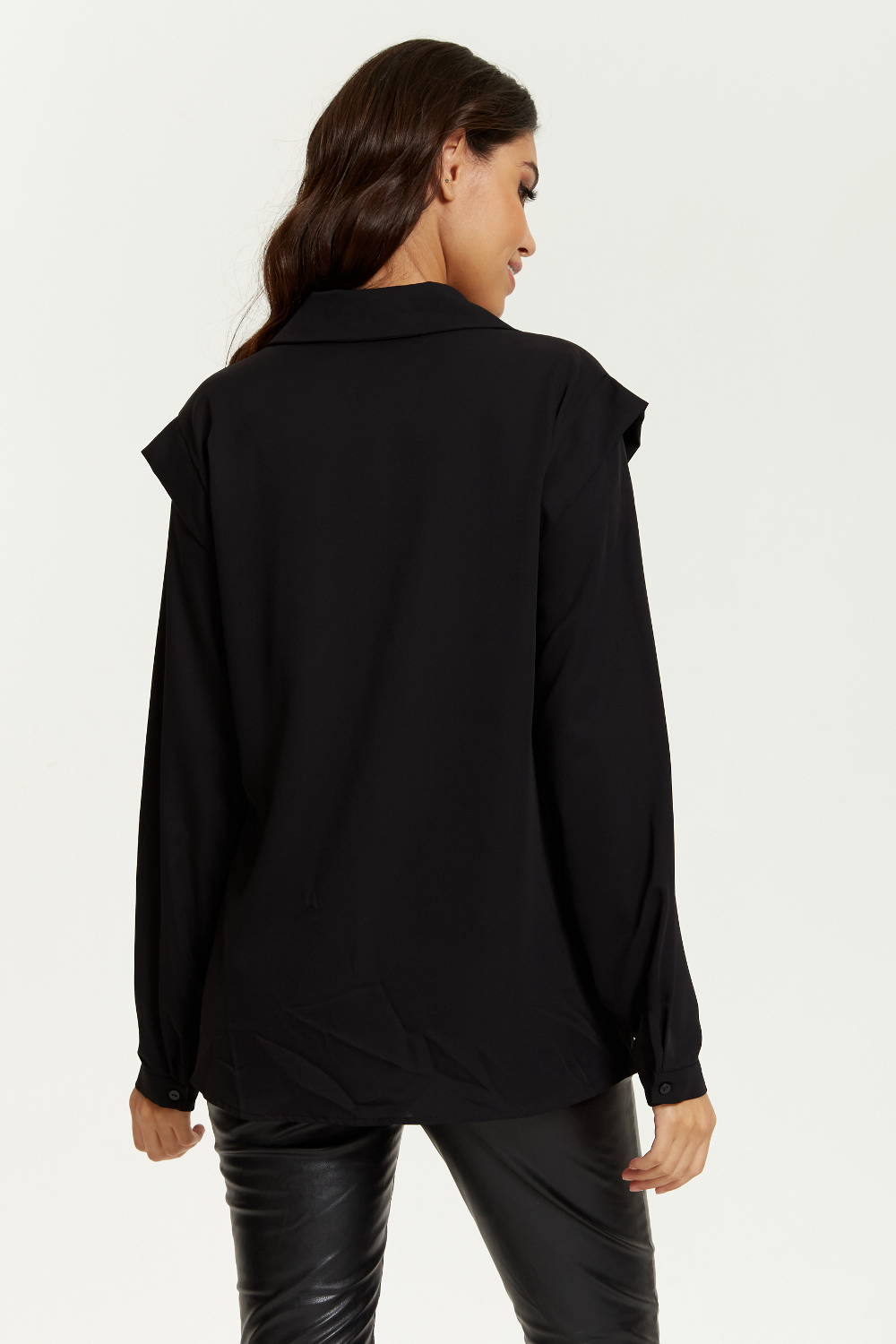 Oversized Shoulder Detailed Long Sleeves Shirt in Black