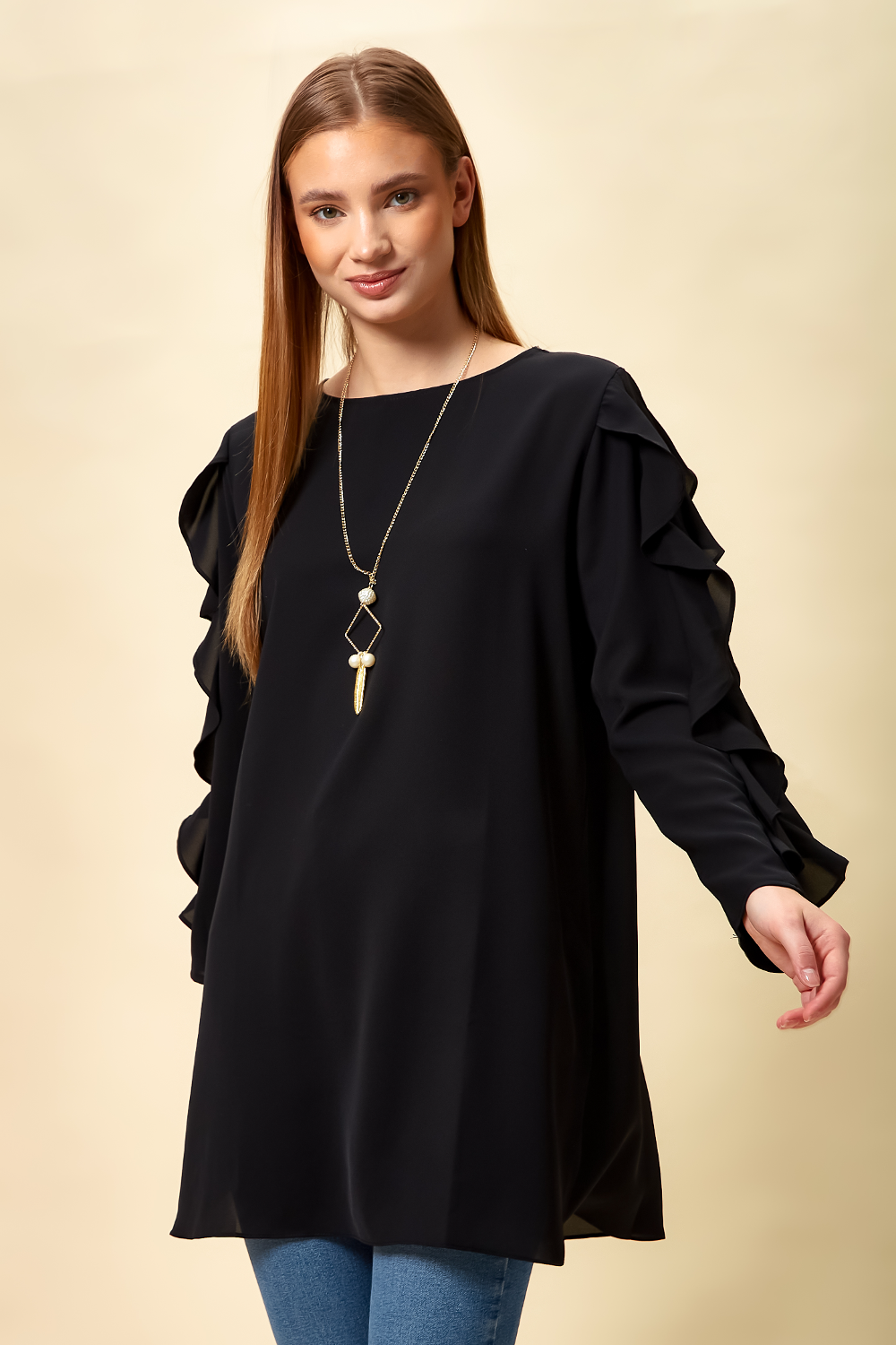 Oversized Ruffle Sleeve Relaxed Fit Tunic in Black