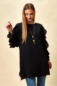 Oversized Ruffle Sleeve Relaxed Fit Tunic in Black