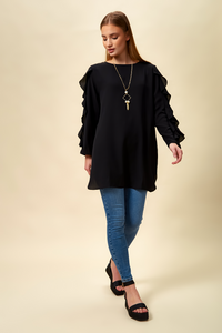 Oversized Ruffle Sleeve Relaxed Fit Tunic in Black