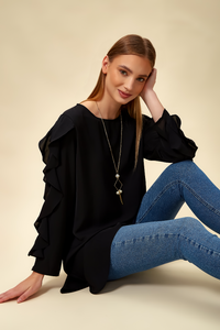 Oversized Ruffle Sleeve Relaxed Fit Tunic in Black