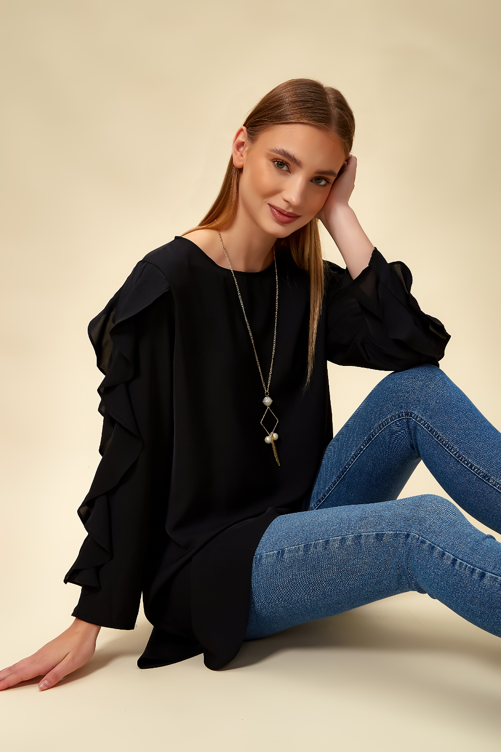 Oversized Ruffle Sleeve Relaxed Fit Tunic in Black
