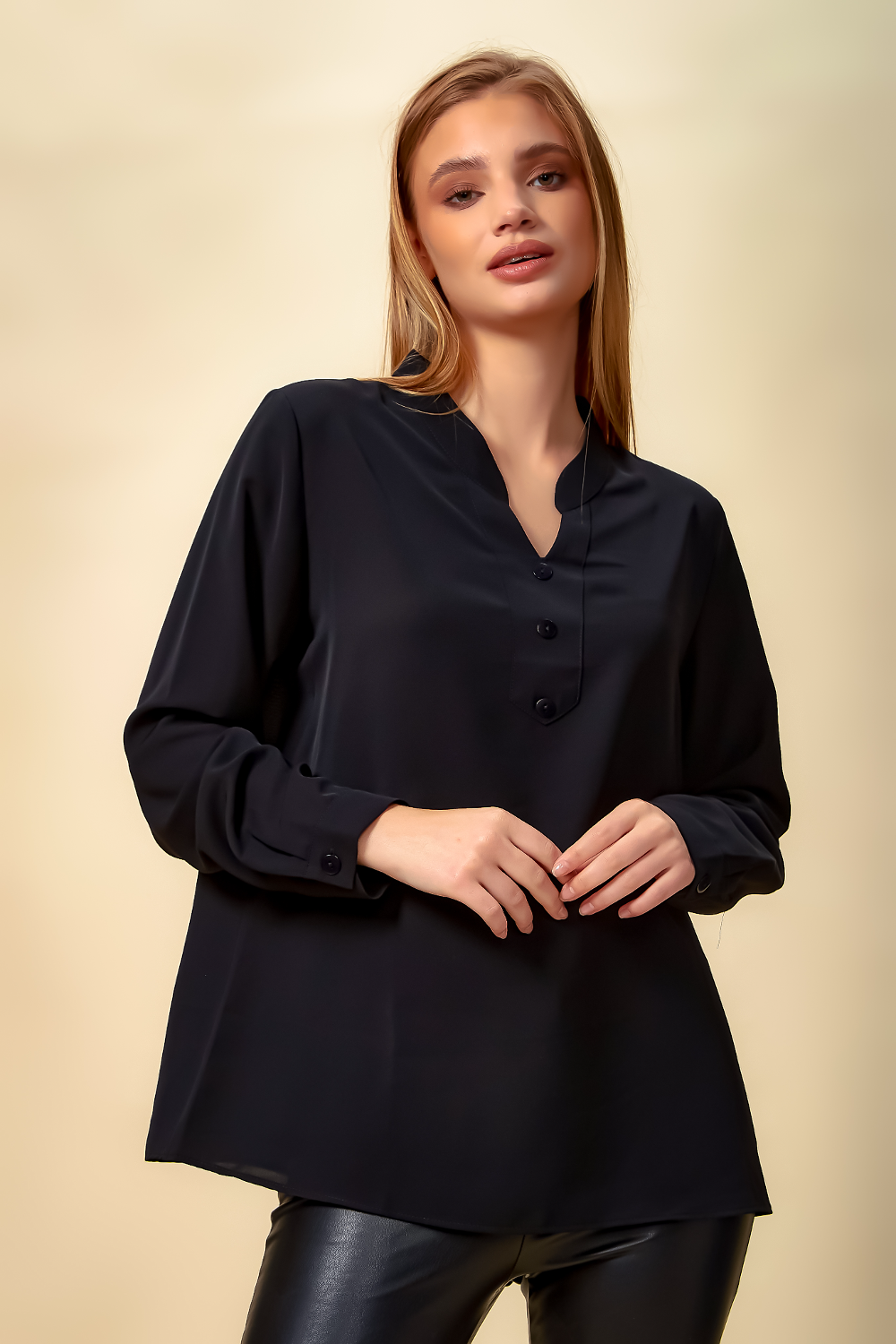 Oversized Long Sleeves Top with Button Details in Black