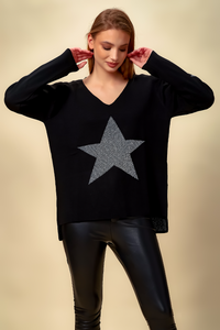 Oversized Long Sleeves Star Top with V Neck in Black