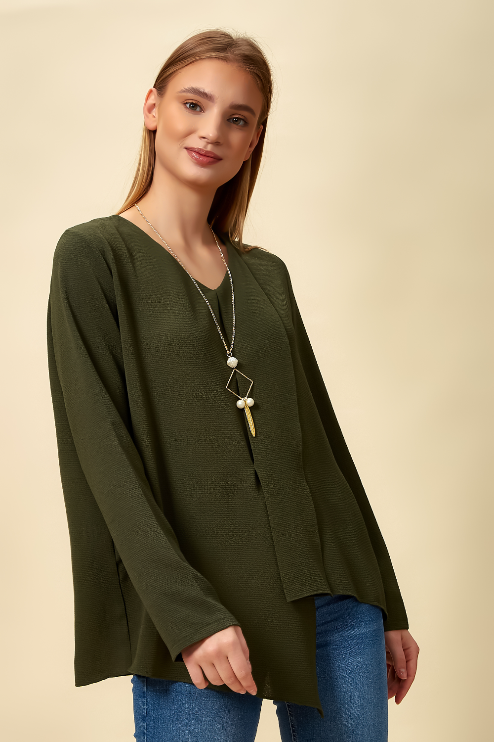 Oversized Asymmetric Top with Necklace in Khaki