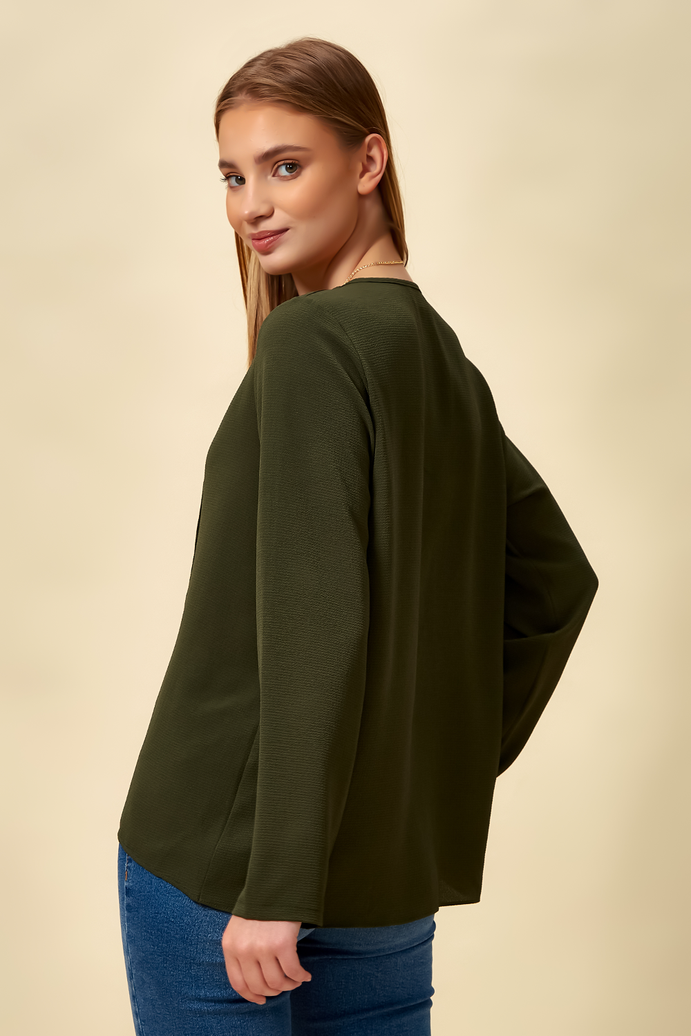 Oversized Asymmetric Top with Necklace in Khaki