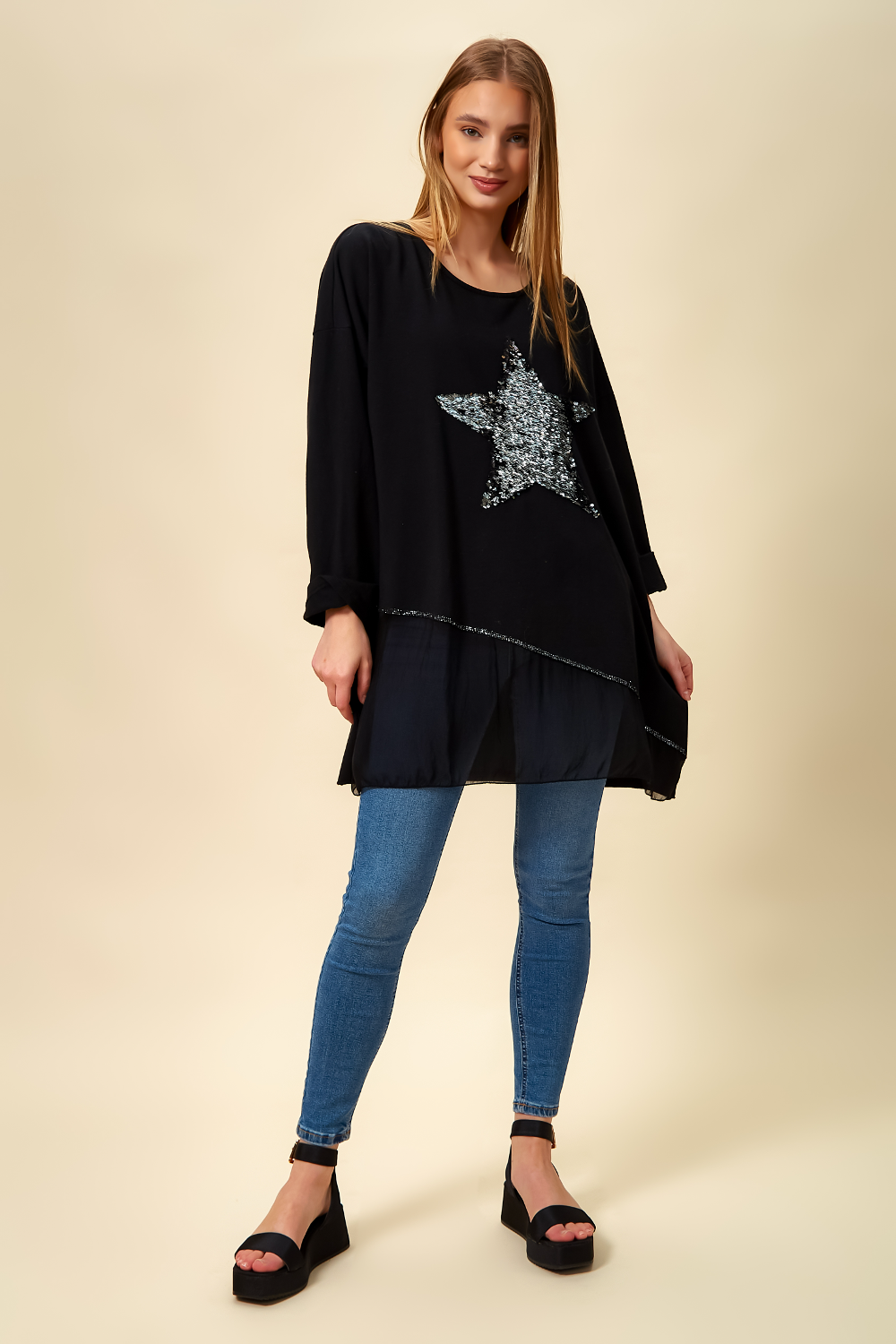 Oversized Star Sequin Tunic Top in Black HOXTON GAL