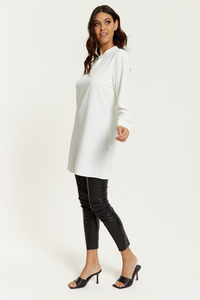 Oversized Long Sleeves Detailed Collar Tunic in White