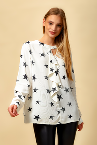 Oversized Star Print Top with Frilled Front in White
