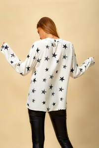 Oversized Star Print Top with Frilled Front in White
