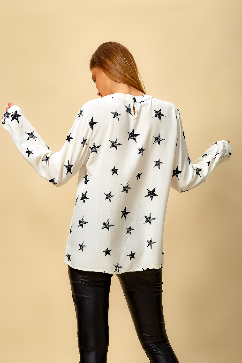Oversized Star Print Top with Frilled Front in White