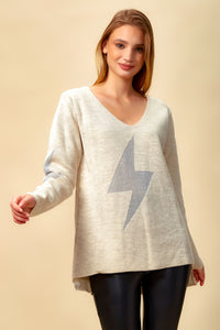 Oversized Long Sleeves Flash Top with V Neck in Cream