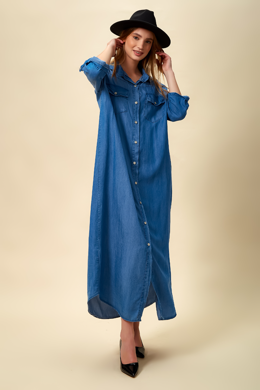 Denim Maxi Dress with Pocket Details