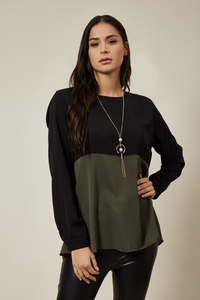 Long Sleeve Relaxed Fit Block Top With Necklace In Black And Khaki