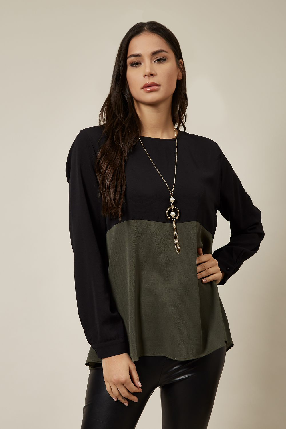Long Sleeve Relaxed Fit Block Top With Necklace In Black And Khaki