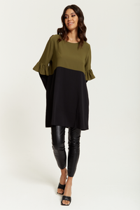 Colour Block Satin Tunic with Frill Detailed on Sleeve in Khaki and Black