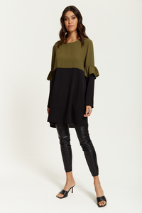 Colour Block Satin Tunic with Frill Detailed on Sleeve in Khaki and Black