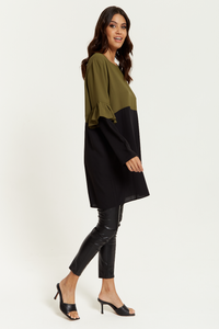 Colour Block Satin Tunic with Frill Detailed on Sleeve in Khaki and Black