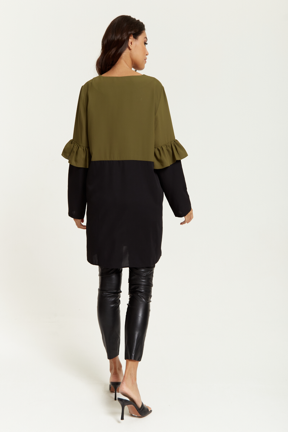 Colour Block Satin Tunic with Frill Detailed on Sleeve in Khaki and Black
