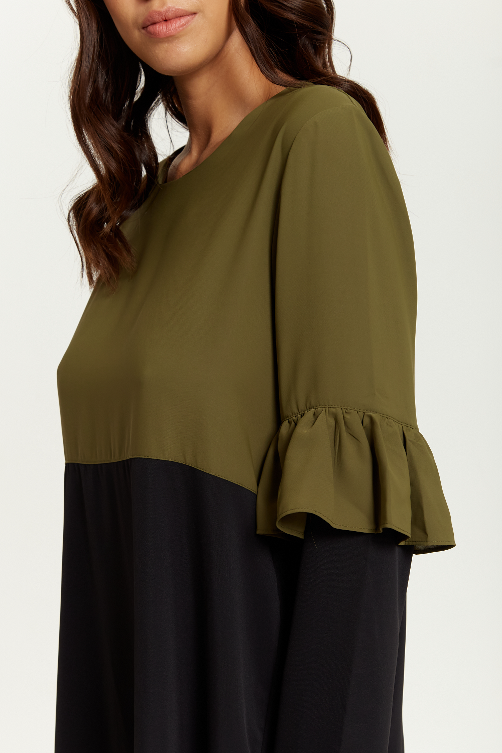 Colour Block Satin Tunic with Frill Detailed on Sleeve in Khaki and Black