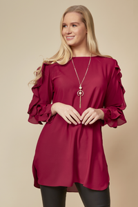 Oversized Ruffle Sleeve Relaxed Fit Tunic in Burgundy