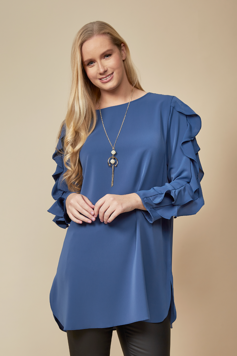 Oversized Ruffle Sleeve Relaxed Fit Tunic in Blue