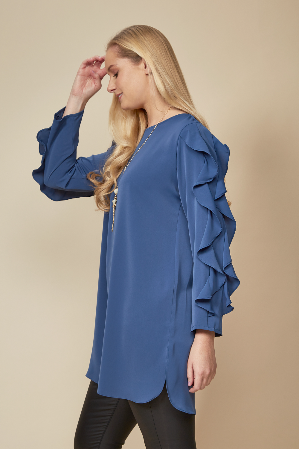 Oversized Ruffle Sleeve Relaxed Fit Tunic in Blue