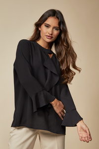 Black Oversized Top Ruffle Front Relaxed Fit Blouse