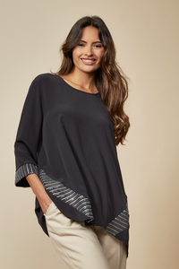 3/4 Sleeves Relaxed Fit Black Top with Grey Details