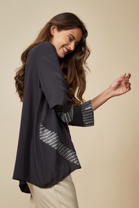 3/4 Sleeves Relaxed Fit Black Top with Grey Details