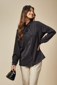 Tie Neck Oversized Top in Black