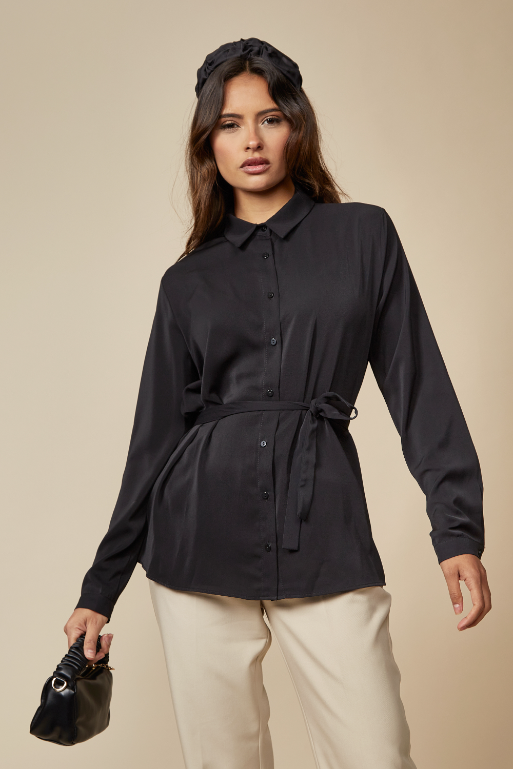 Tie Neck Oversized Top in Black