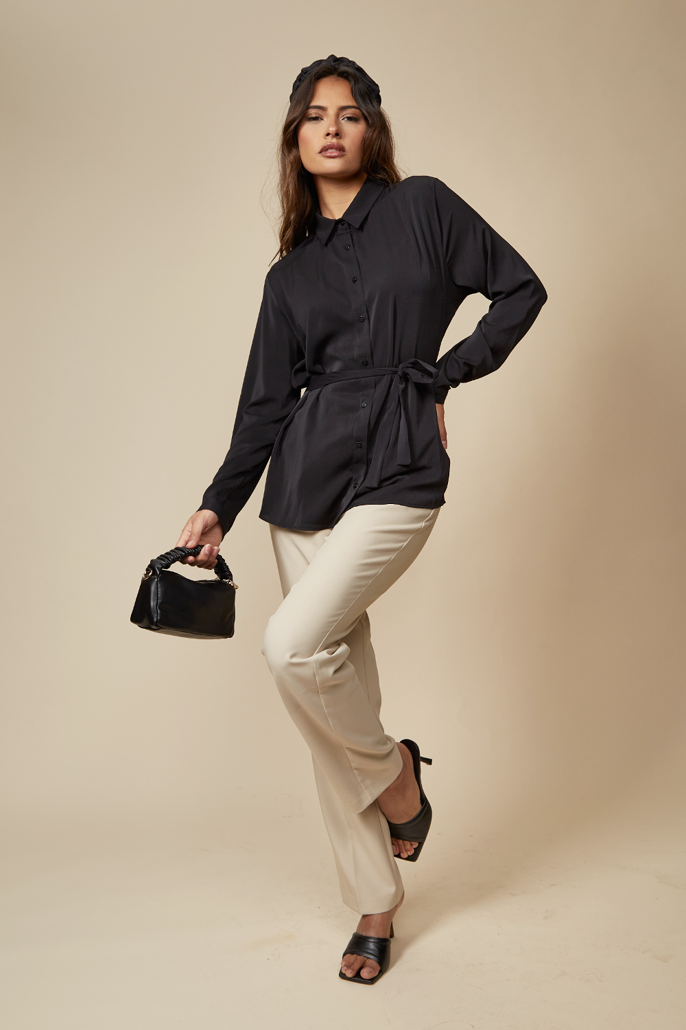Tie Neck Oversized Top in Black
