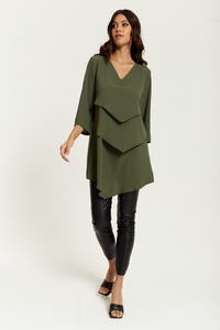 3/4 Sleeves V Neck Oversized Layered Tunic in Khaki