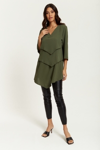 3/4 Sleeves V Neck Oversized Layered Tunic in Khaki