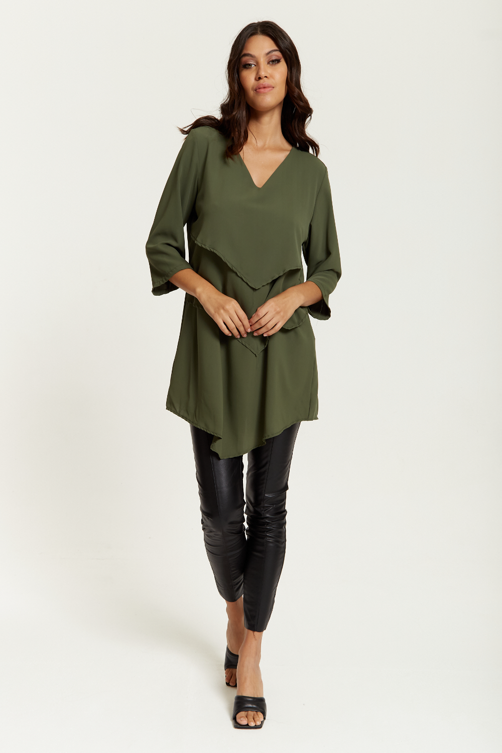 3/4 Sleeves V Neck Oversized Layered Tunic in Khaki