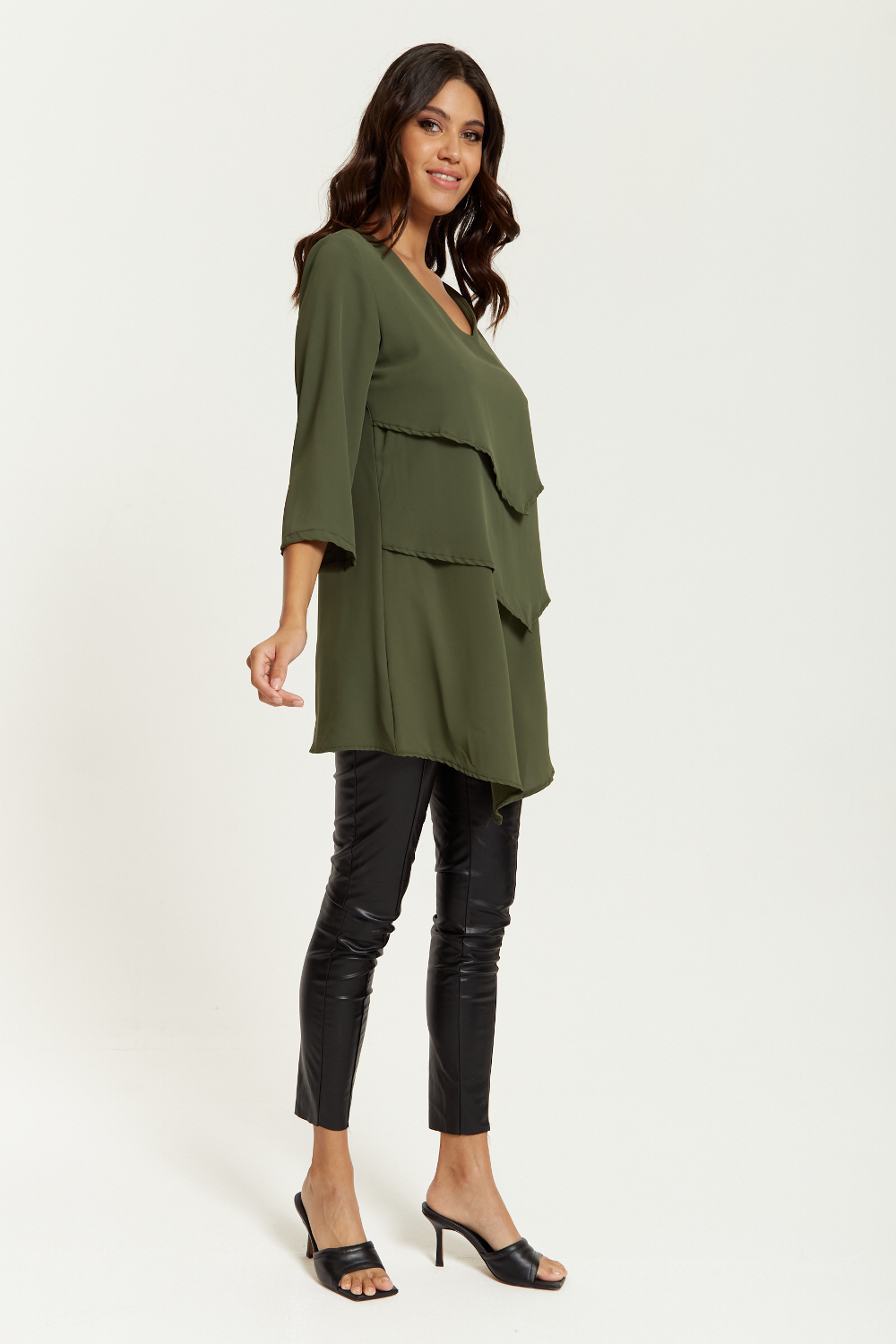 3/4 Sleeves V Neck Oversized Layered Tunic in Khaki