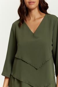 3/4 Sleeves V Neck Oversized Layered Tunic in Khaki