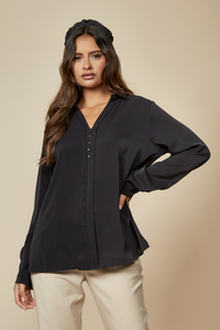 Oversized Button Detailed Long Sleeves Top in Black
