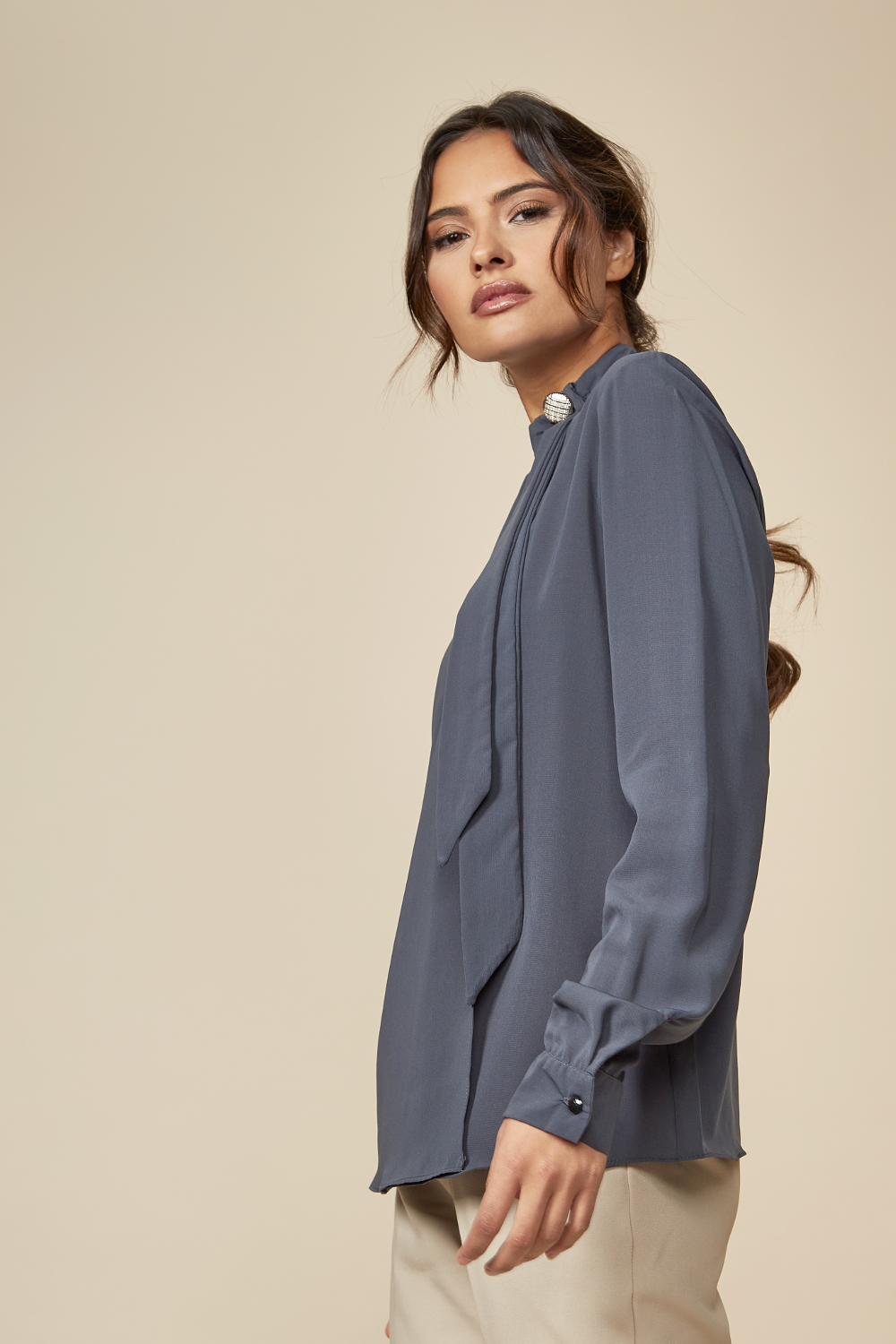 Oversized High Neck Top with Brooch Details in Bottle Green