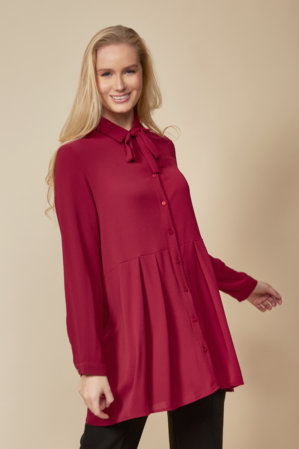 Long Sleeves Tie Neck Oversized Shirt in Burgundy