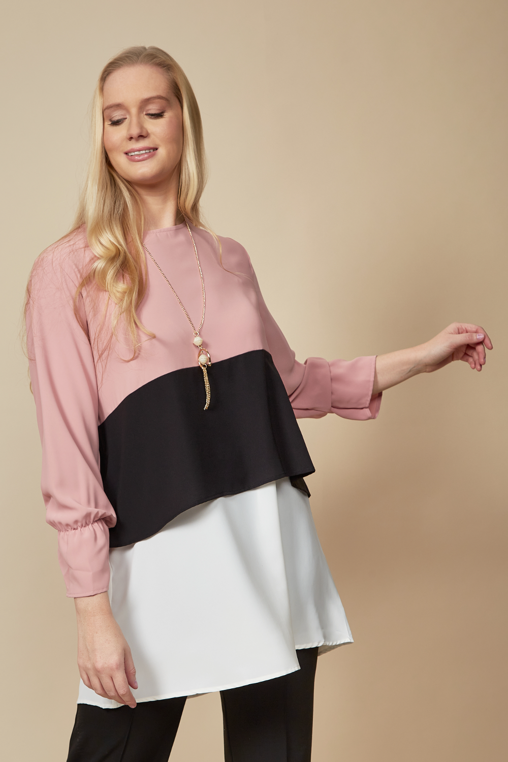 Oversized Colour Block Top in Light Pink, Black and White
