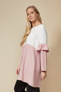 Colour Block Top with Frill Detailed on Sleeve in White and Blossom