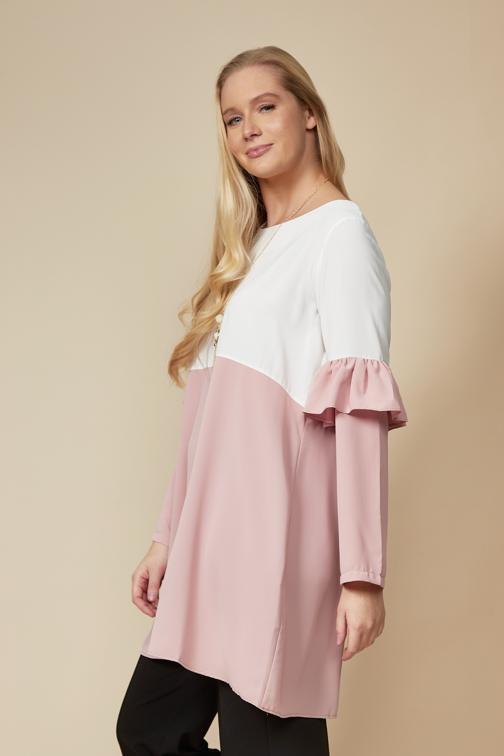 Colour Block Top with Frill Detailed on Sleeve in White and Blossom